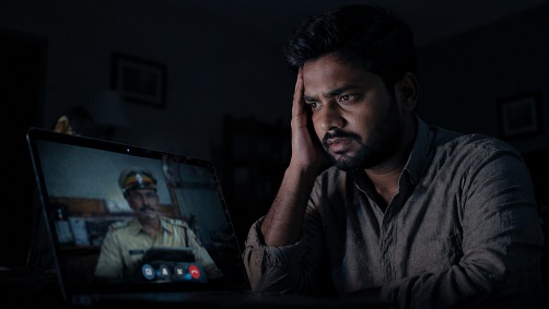 Man looking stressed at a laptop during a fake police video call